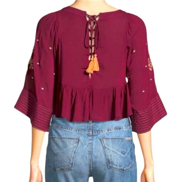 Haute Rouge Flutter Sleeve Lace Up Cropped Peasant Blouse NWT Size Medium - Picture 3 of 11